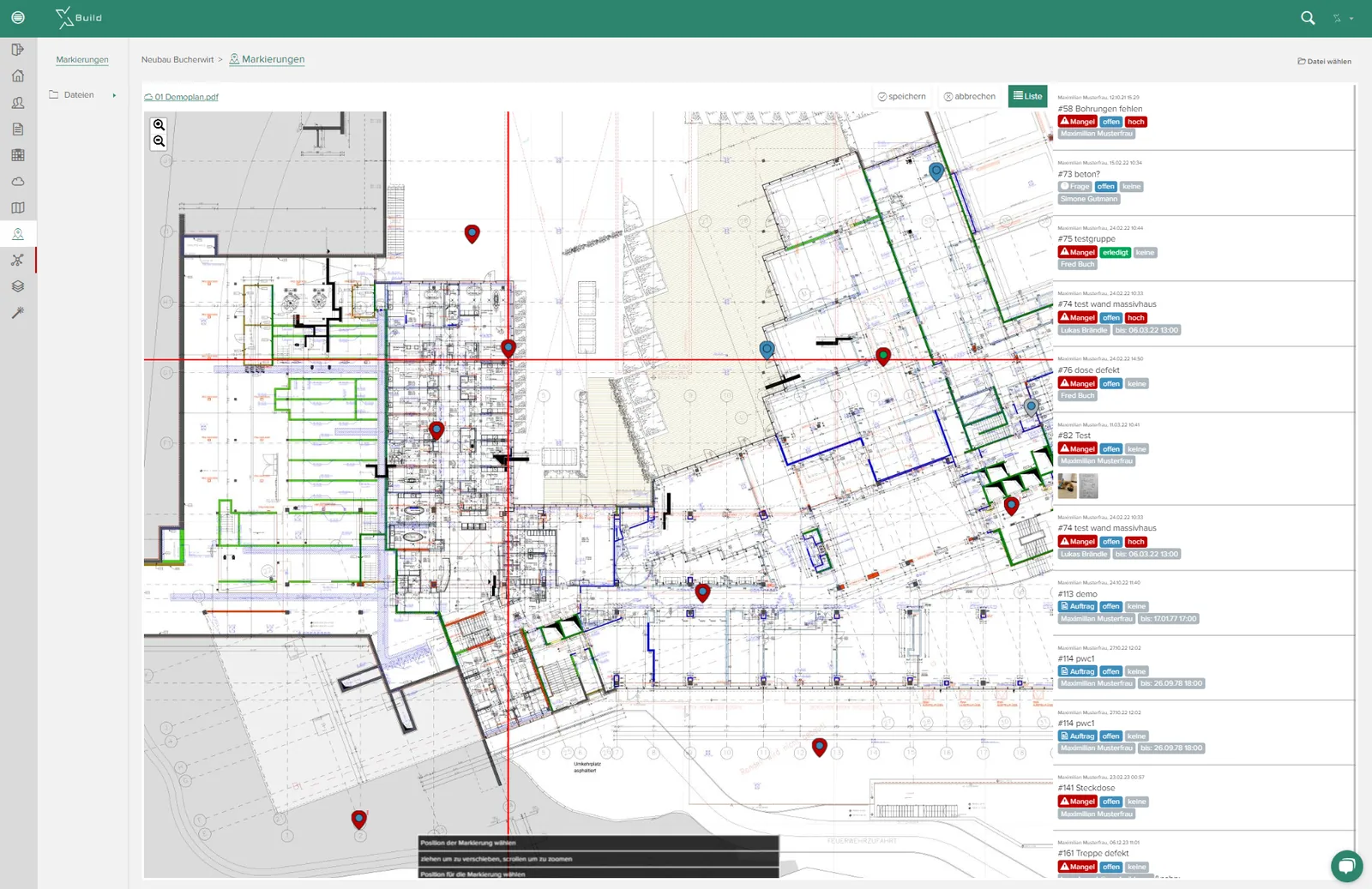 Defects and tasks as pins directly on the approved drawing — including status and responsibility.